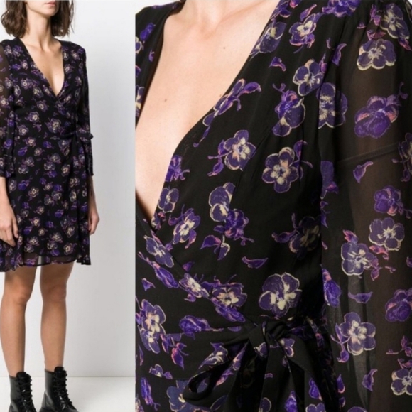 Ganni Georgette Dress Mini Wrap Purple Black Floral Size 38 US 6 - Picture 2 of 9